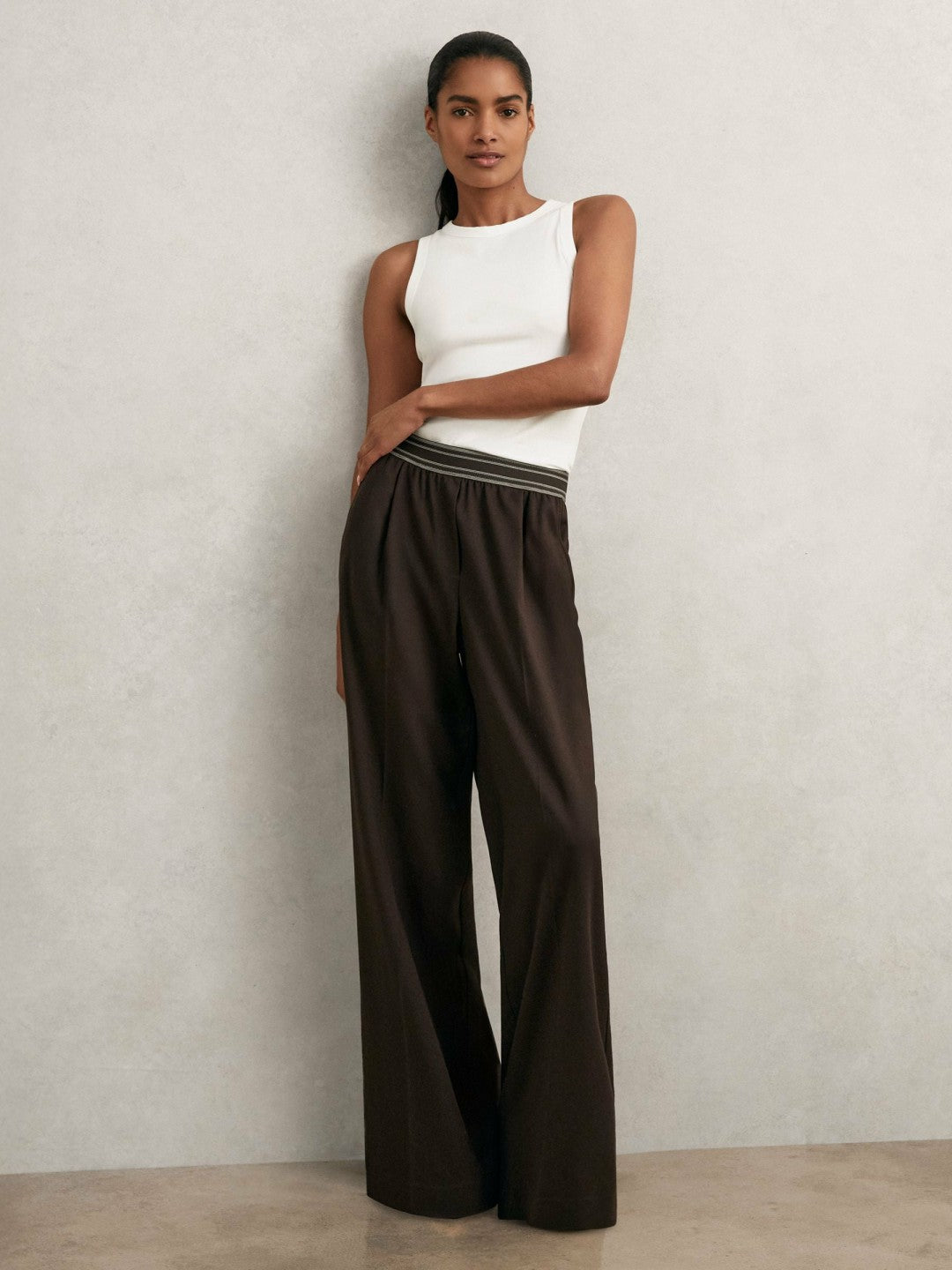 Reiss Best Seller - Wide-Leg Contrast-Waistband Trousers in Chocolate Brown