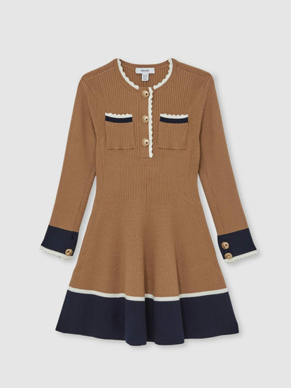 Reiss Featured - 13-14 yrs Scallop-Trim Rib-Knit Dress in Camel