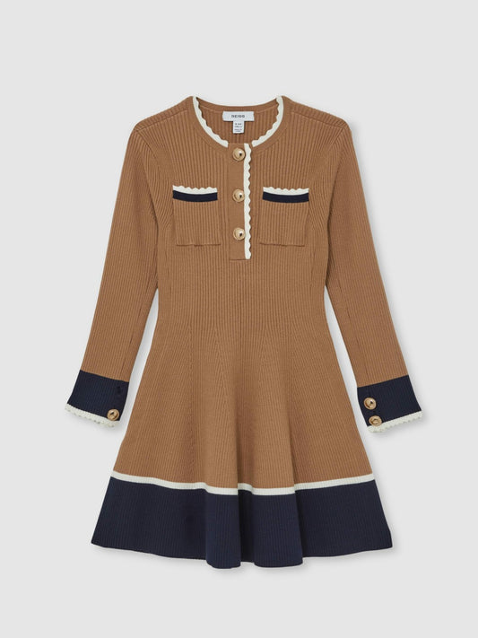 Reiss Featured - 13-14 yrs Scallop-Trim Rib-Knit Dress in Camel