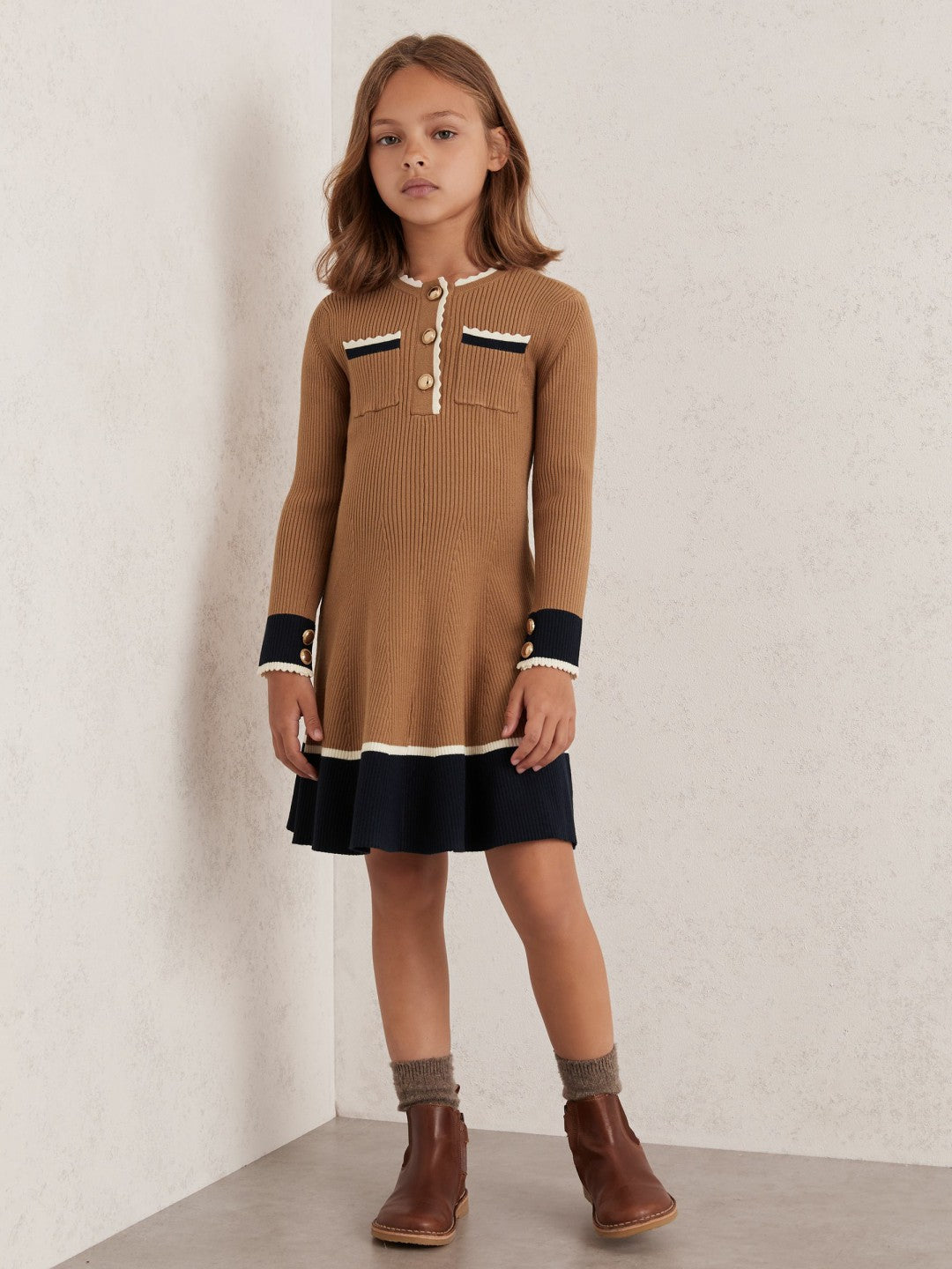 Reiss Featured - 13-14 yrs Scallop-Trim Rib-Knit Dress in Camel