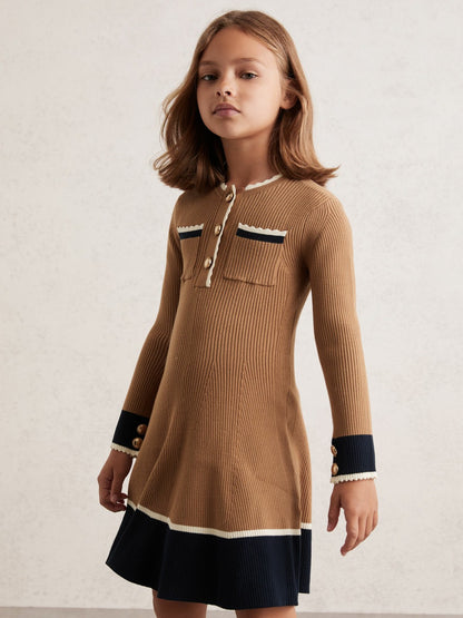 Reiss Featured - 13-14 yrs Scallop-Trim Rib-Knit Dress in Camel
