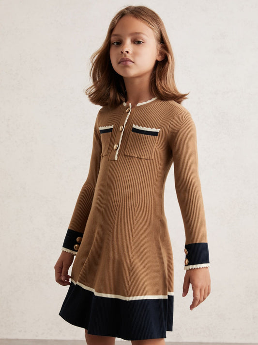 Reiss Affordable - 9-13 yrs Scallop-Trim Rib-Knit Dress in Camel