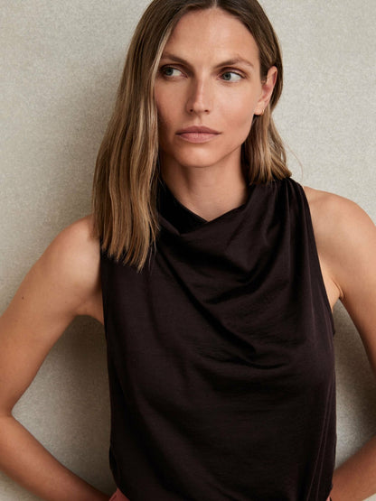 Reiss Cotton-Blend Cowl-Neck Sleeveless Top in Plum Purple
