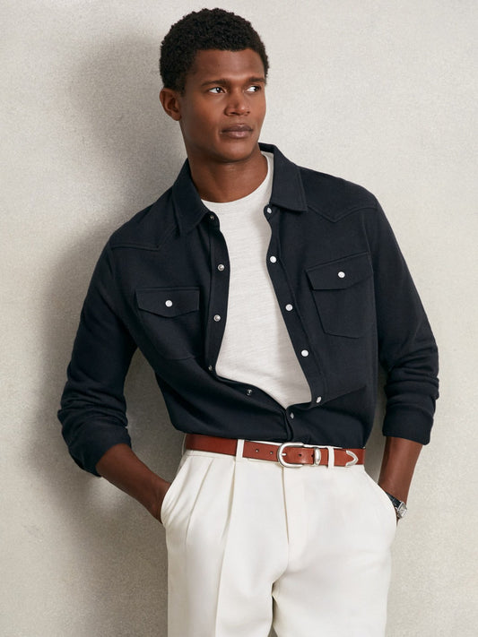 Reiss Savings - Cotton-Cashmere Western Knitted Shirt in Navy