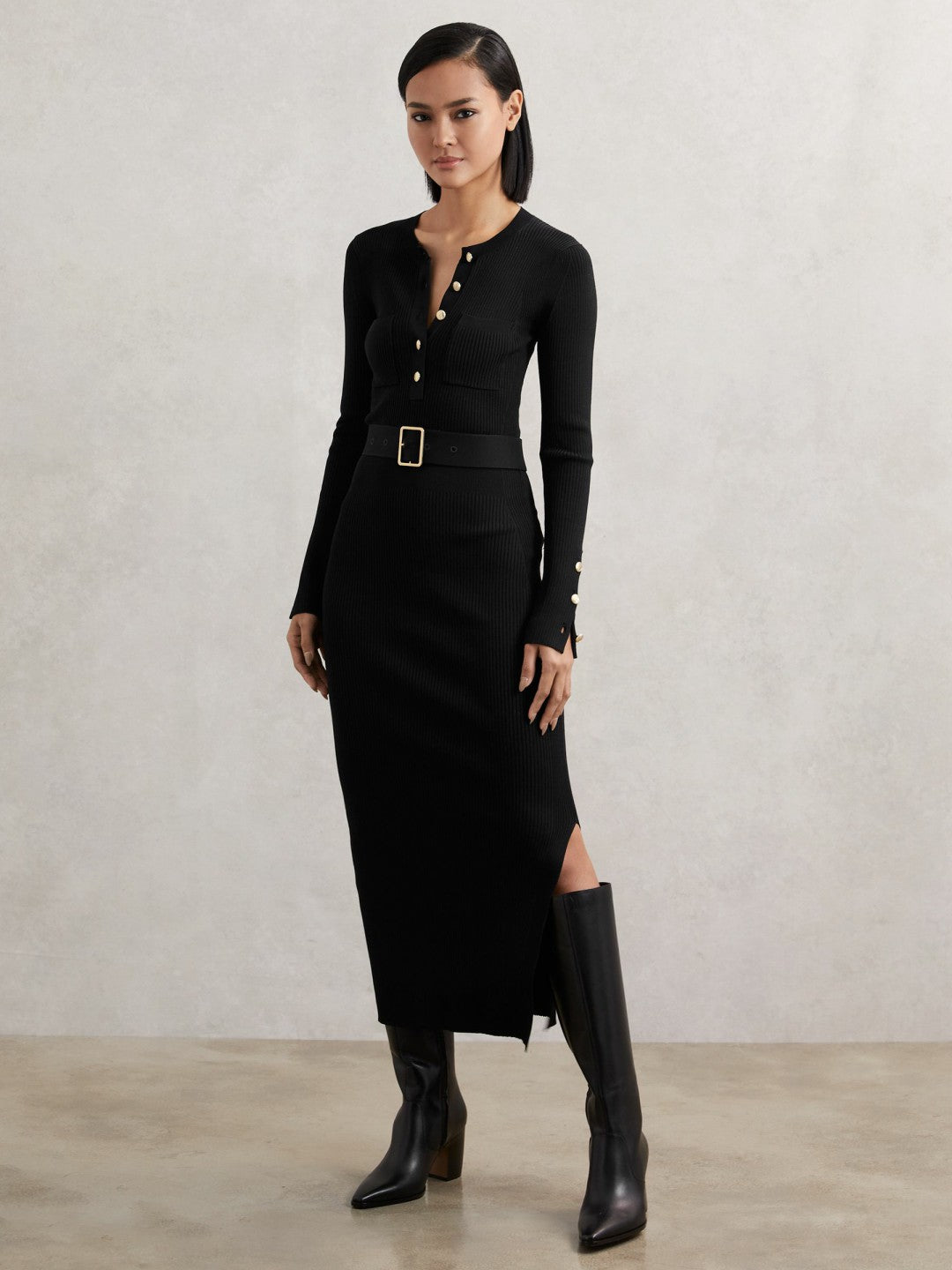 Reiss Buttoned Rib-Knit Midi Dress in Black