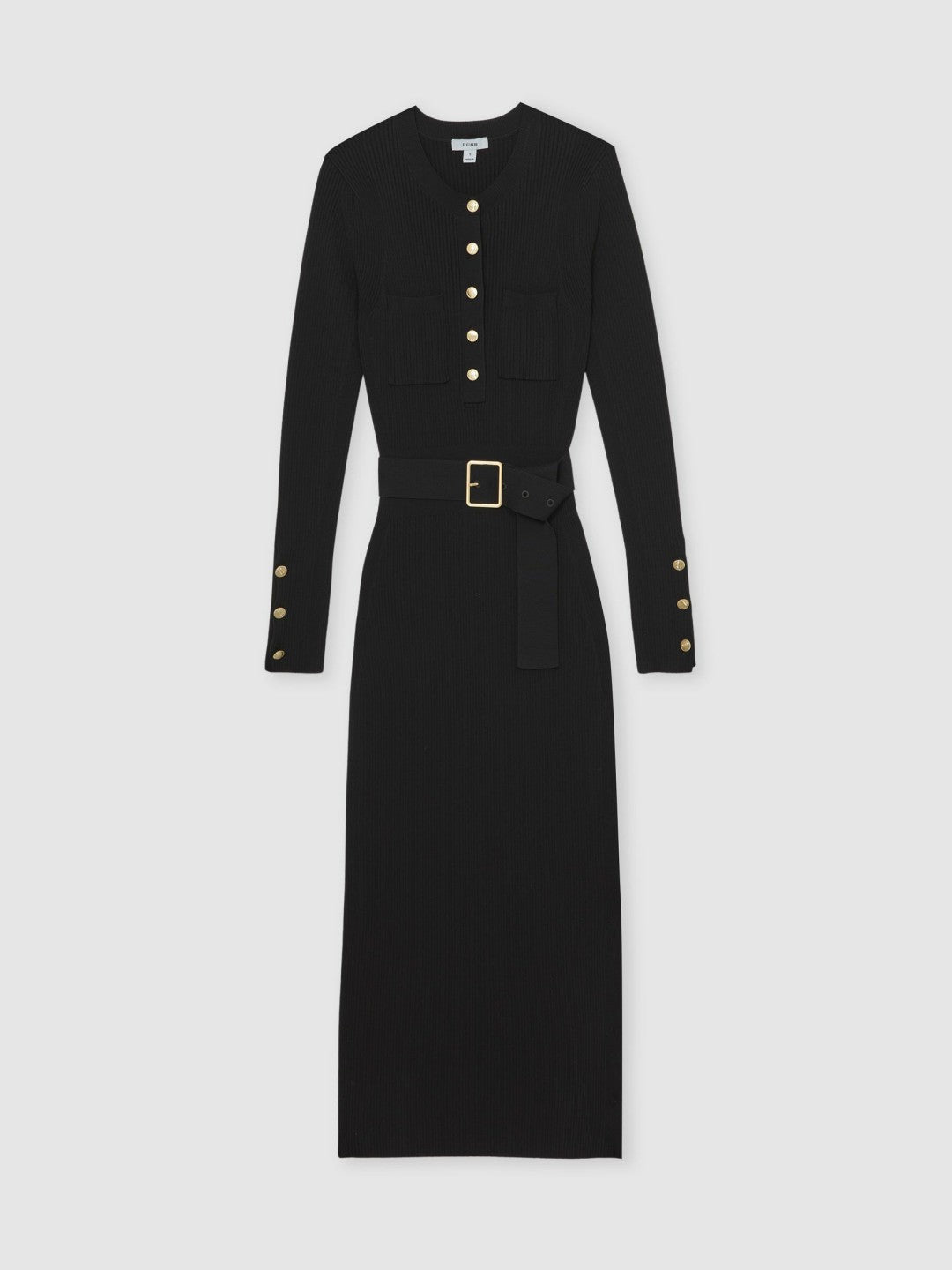 Reiss Buttoned Rib-Knit Midi Dress in Black