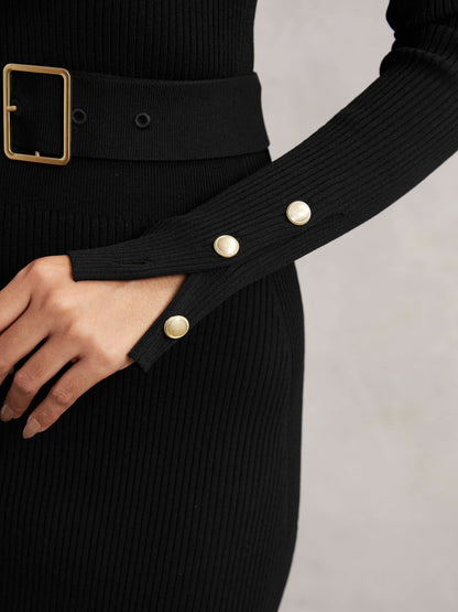 Reiss Buttoned Rib-Knit Midi Dress in Black
