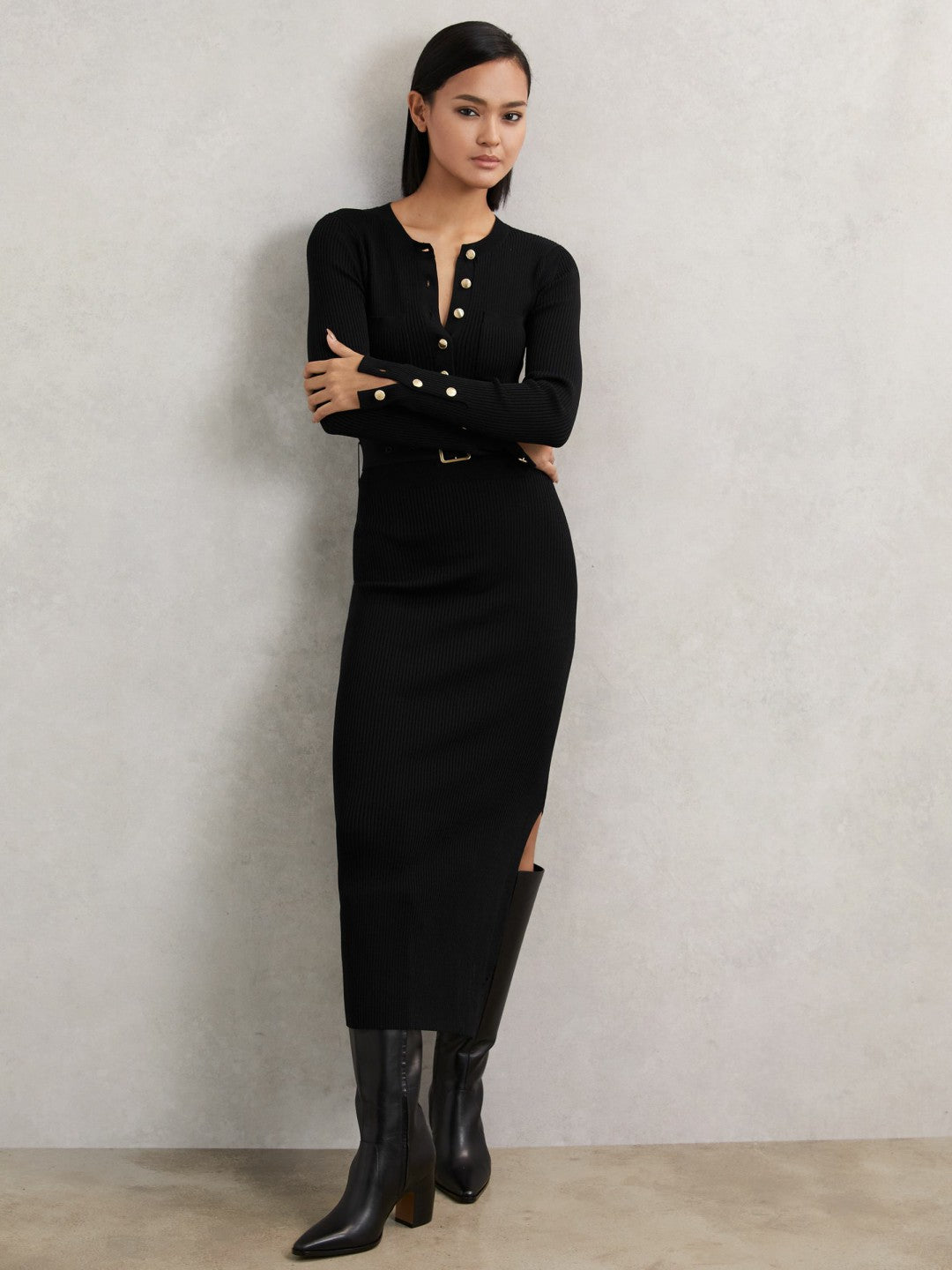 Reiss Buttoned Rib-Knit Midi Dress in Black