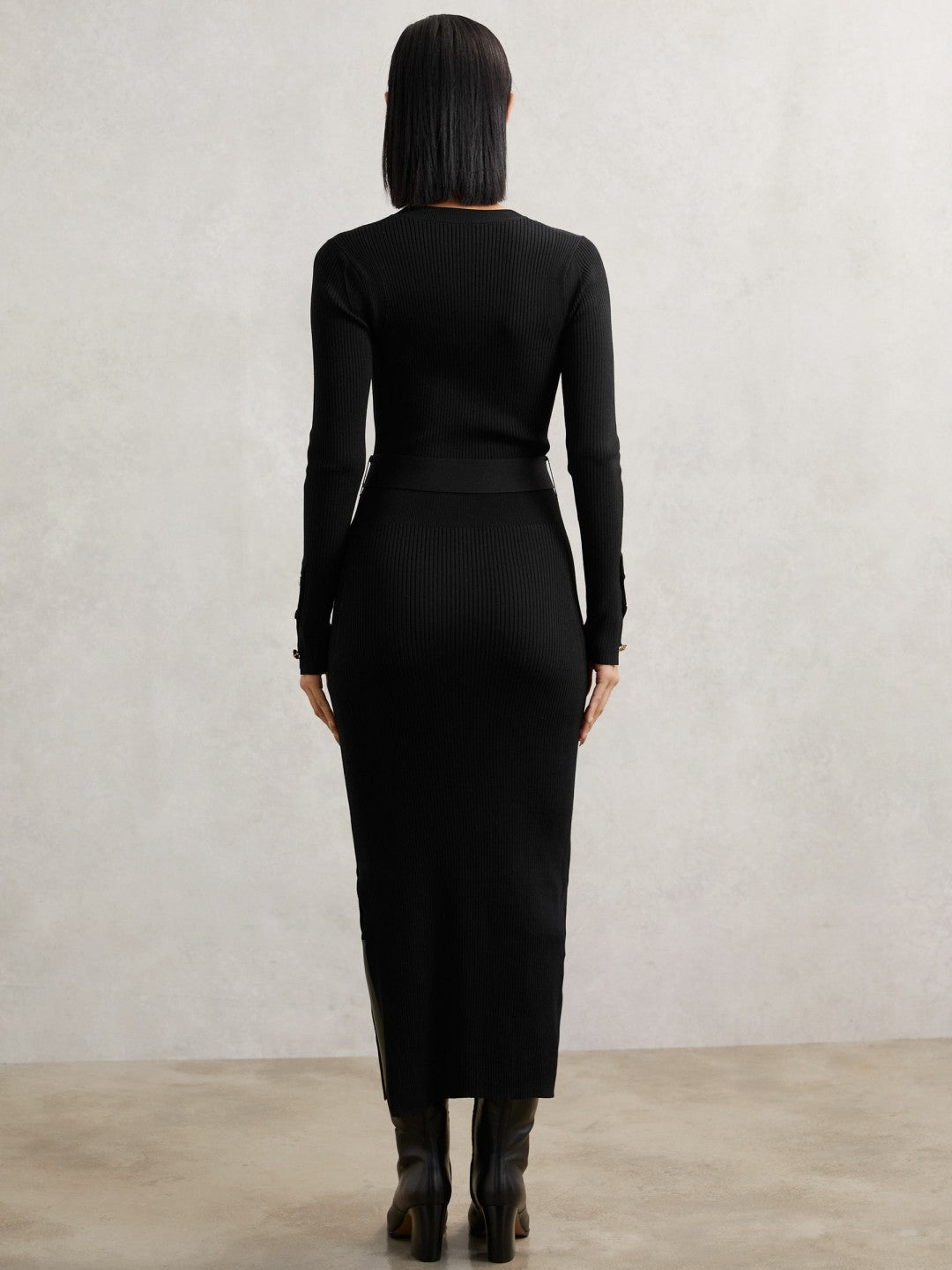 Reiss Buttoned Rib-Knit Midi Dress in Black