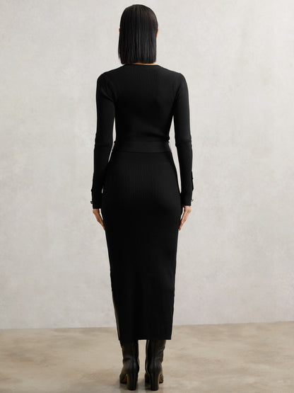 Reiss Buttoned Rib-Knit Midi Dress in Black