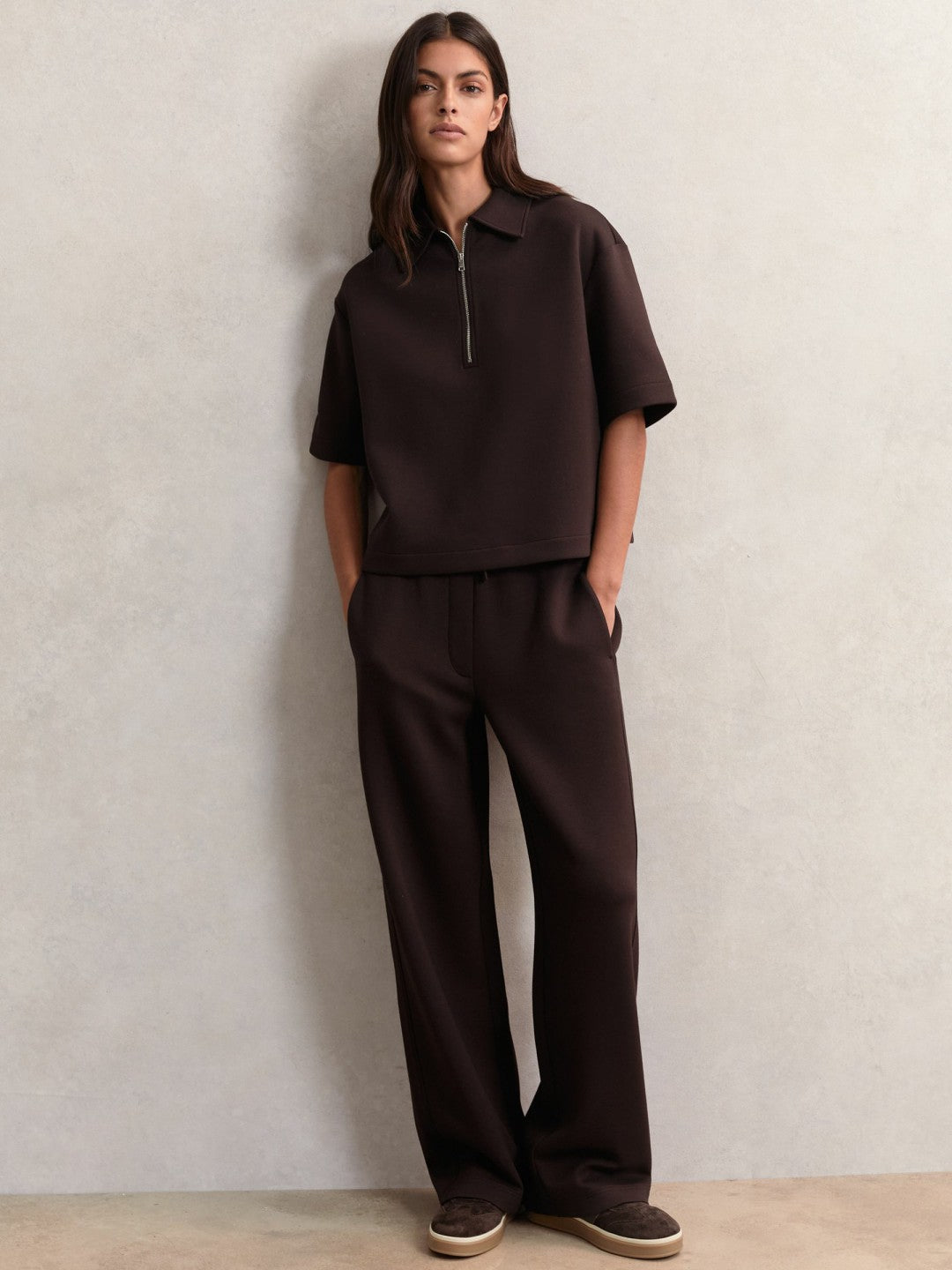 Reiss Popular Choice - Short-Sleeve Half-Zip Sweatshirt in Plum Purple