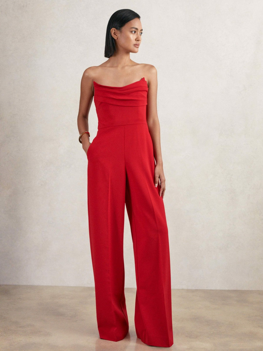 Reiss Offer - Structured Strapless Wide-Leg Jumpsuit in Red