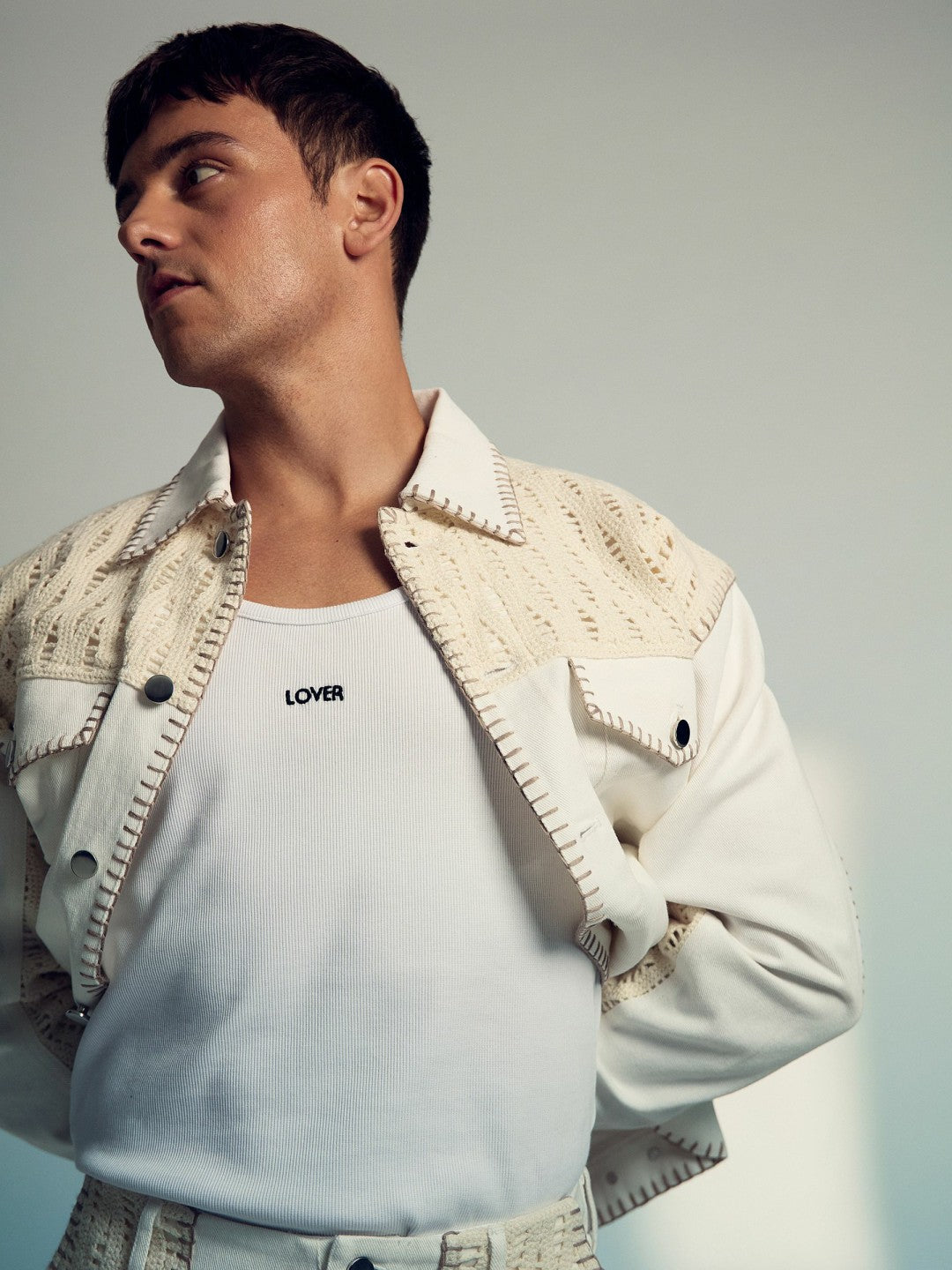 Reiss Affordable - | Tom Daley Crochet Denim Jacket in Off White