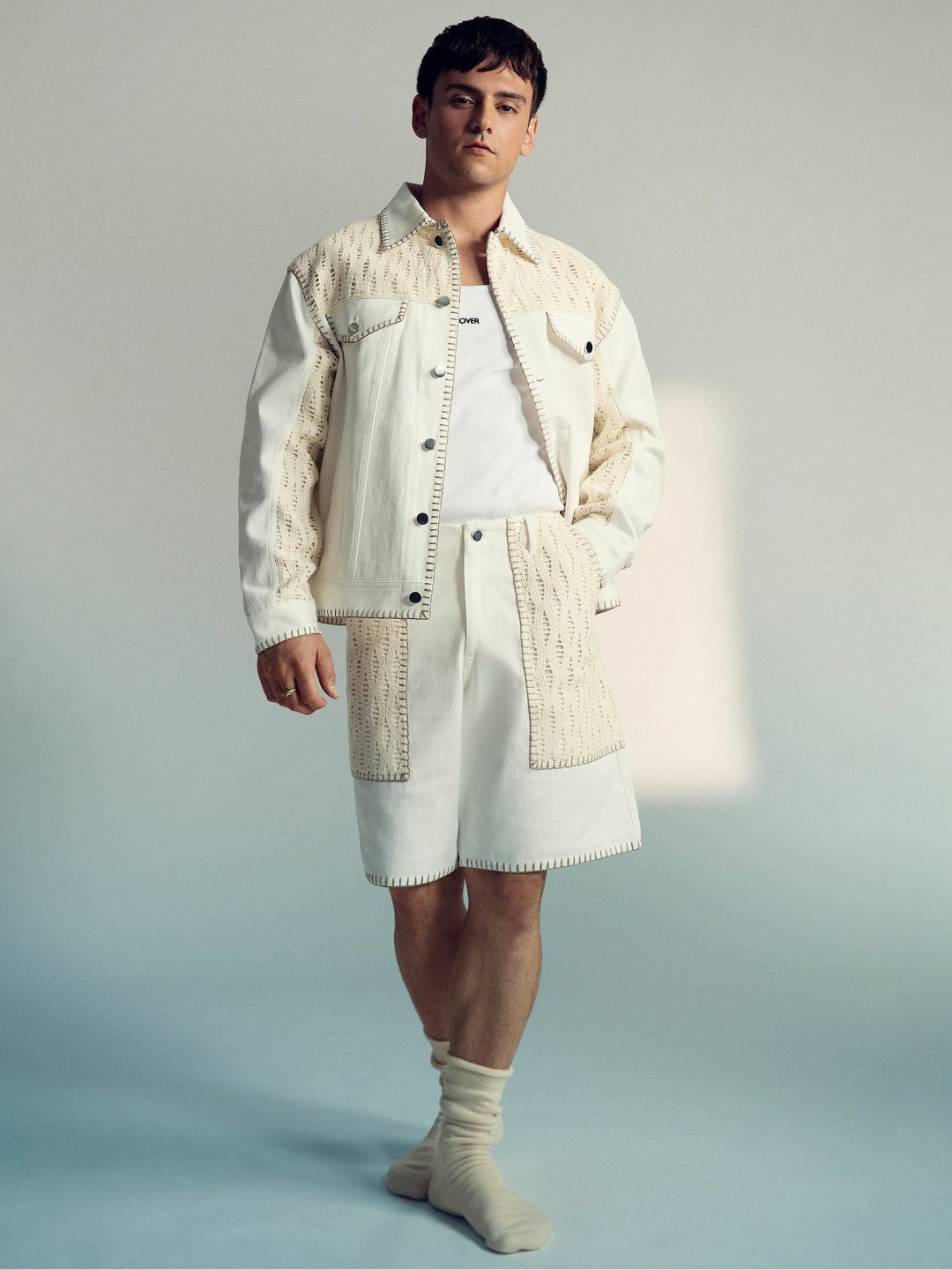 Reiss Affordable - | Tom Daley Crochet Denim Jacket in Off White