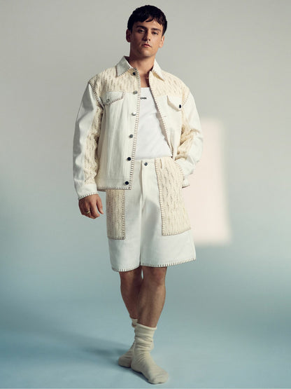 Reiss Affordable - | Tom Daley Crochet Denim Jacket in Off White