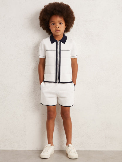 Reiss Sale - Tipped Knit Stitch-Detail Shorts in White/Navy