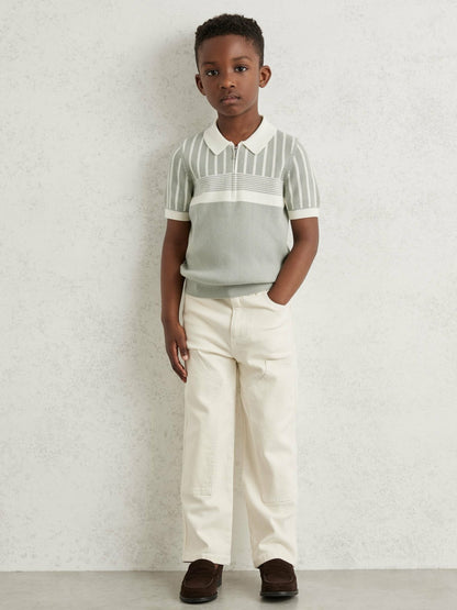 Reiss 3-9 yrs Cotton Stripe Knit Half-Zip Polo Shirt in Sage Green/Off White