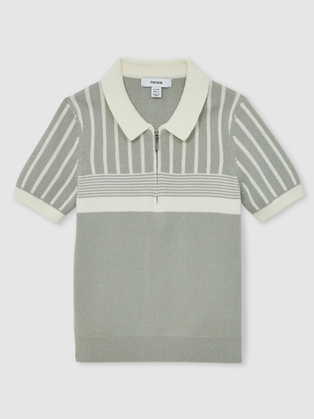 Reiss 3-9 yrs Cotton Stripe Knit Half-Zip Polo Shirt in Sage Green/Off White
