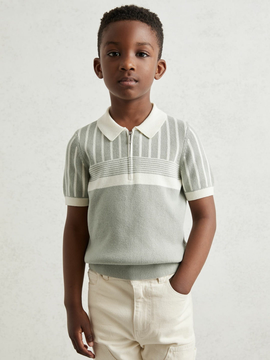 Reiss 3-9 yrs Cotton Stripe Knit Half-Zip Polo Shirt in Sage Green/Off White