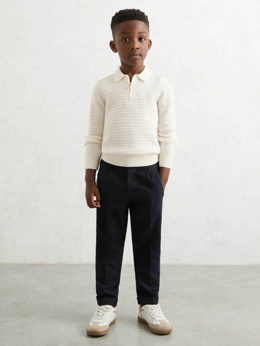 Reiss Popular Choice - 9-13 yrs Wool Waffle-Knit Half-Zip Polo Shirt in Off White