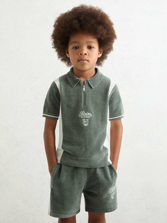 Reiss 3-9 yrs Chenille Tipped Motor Cars Polo Shirt in Dark Sage Green/White