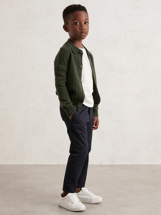 Reiss Best Seller - 3-9 yrs Wool V-Stitch Button-Through Cardigan in Forest Green