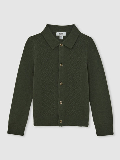 Reiss Best Seller - 3-9 yrs Wool V-Stitch Button-Through Cardigan in Forest Green