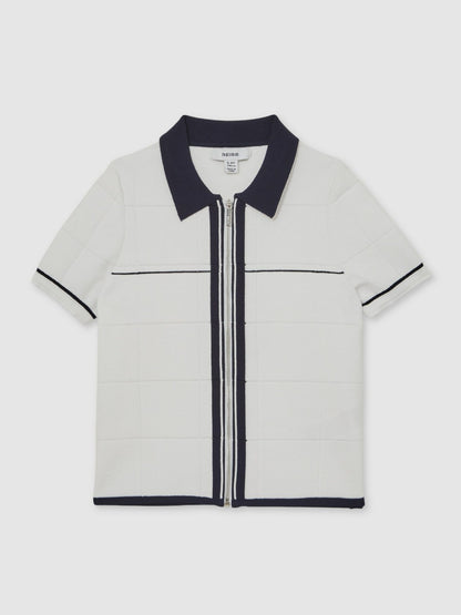 Reiss 13-14 yrs Tipped Knit Zip-Through Shirt in White/Navy