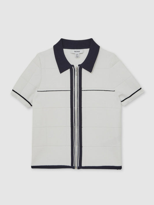 Reiss Offer - 13-14 yrs Tipped Knit Zip-Through Shirt in White/Navy