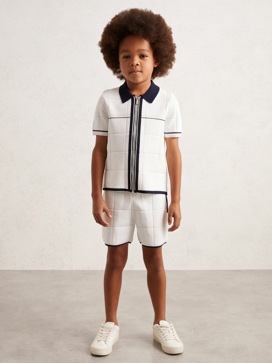 Reiss 13-14 yrs Tipped Knit Zip-Through Shirt in White/Navy