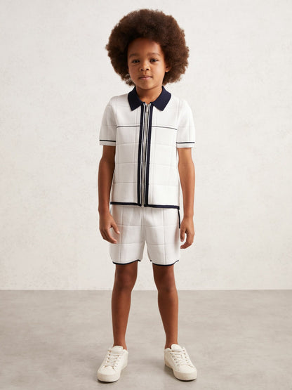 Reiss 13-14 yrs Tipped Knit Zip-Through Shirt in White/Navy