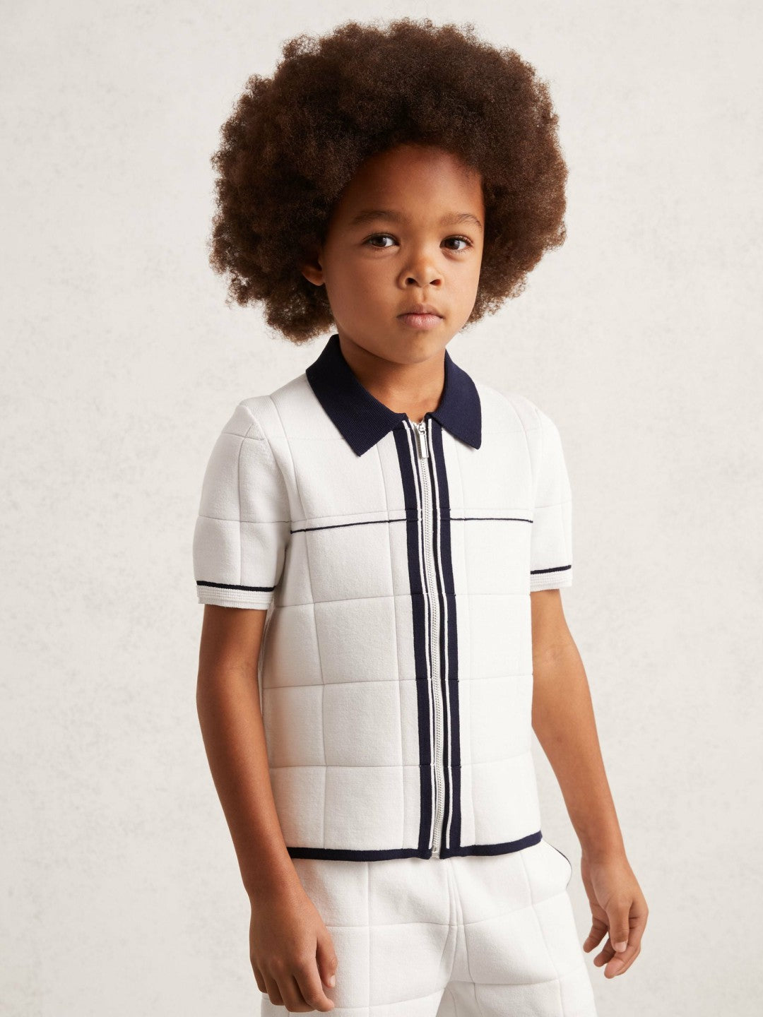 Reiss 13-14 yrs Tipped Knit Zip-Through Shirt in White/Navy