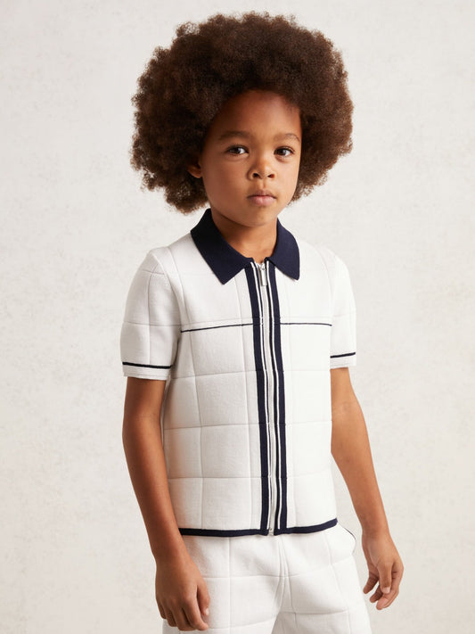 Reiss Savings - 9-13 yrs Tipped Knit Zip-Through Shirt in White/Navy