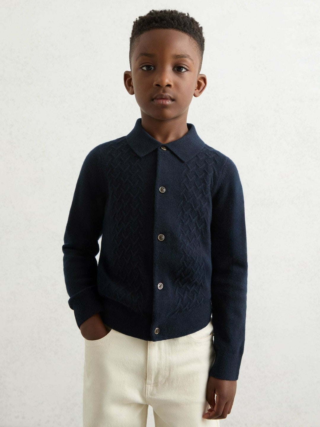 Reiss Offer - 3-9 yrs Wool V-Stitch Button-Through Cardigan in Navy Blue