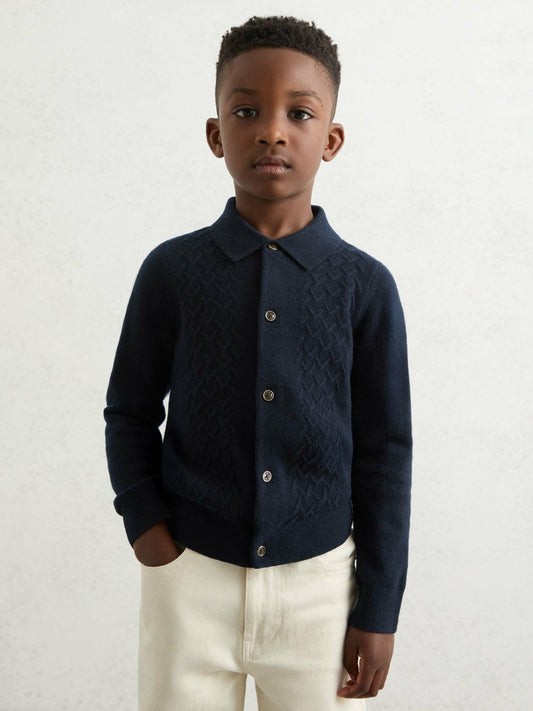 Reiss Offer - 3-9 yrs Wool V-Stitch Button-Through Cardigan in Navy Blue