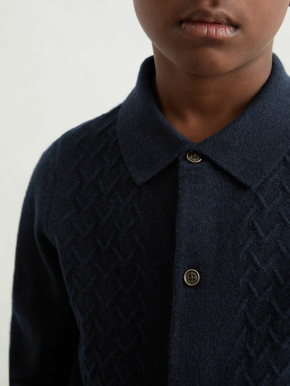 Reiss Offer - 3-9 yrs Wool V-Stitch Button-Through Cardigan in Navy Blue