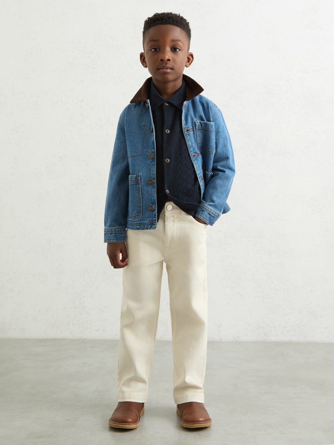 Reiss Offer - 3-9 yrs Wool V-Stitch Button-Through Cardigan in Navy Blue