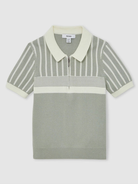 Reiss 13-14 yrs Cotton Stripe Knit Half-Zip Polo Shirt in Sage Green/Off White