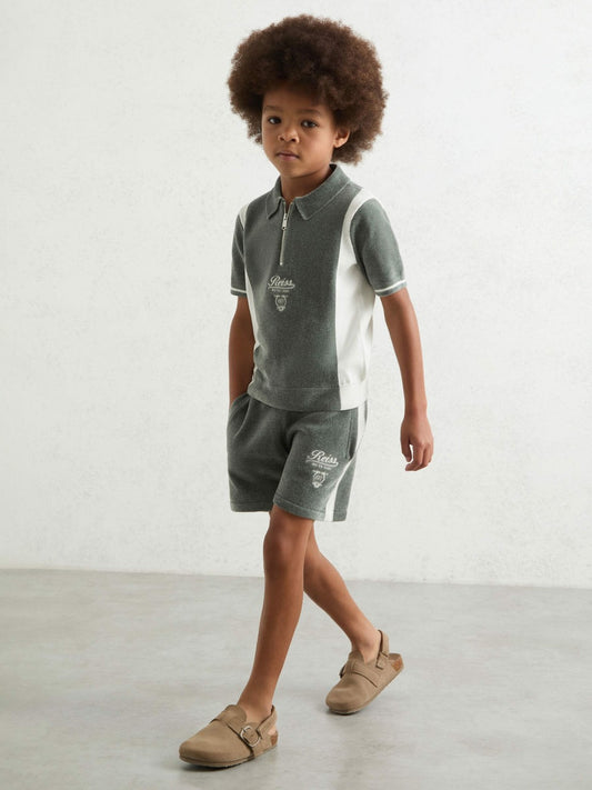 Reiss 9-13 yrs Chenille Tipped Motor Cars Polo Shirt in Dark Sage Green/White
