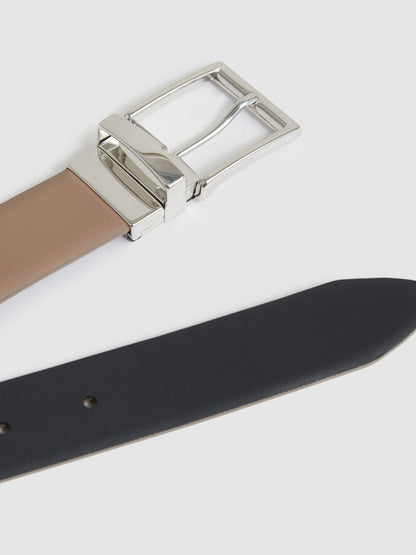 Reiss Savings - Reversible Leather Belt in Dark Stone/Navy