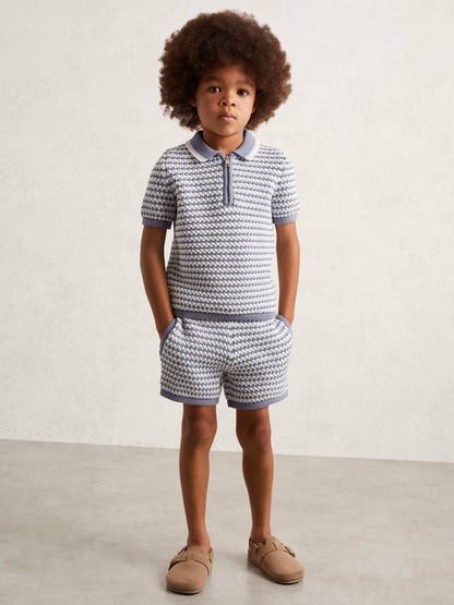 Reiss 3-9 yrs Knitted Stripe Half-Zip Polo Shirt in Blue/White