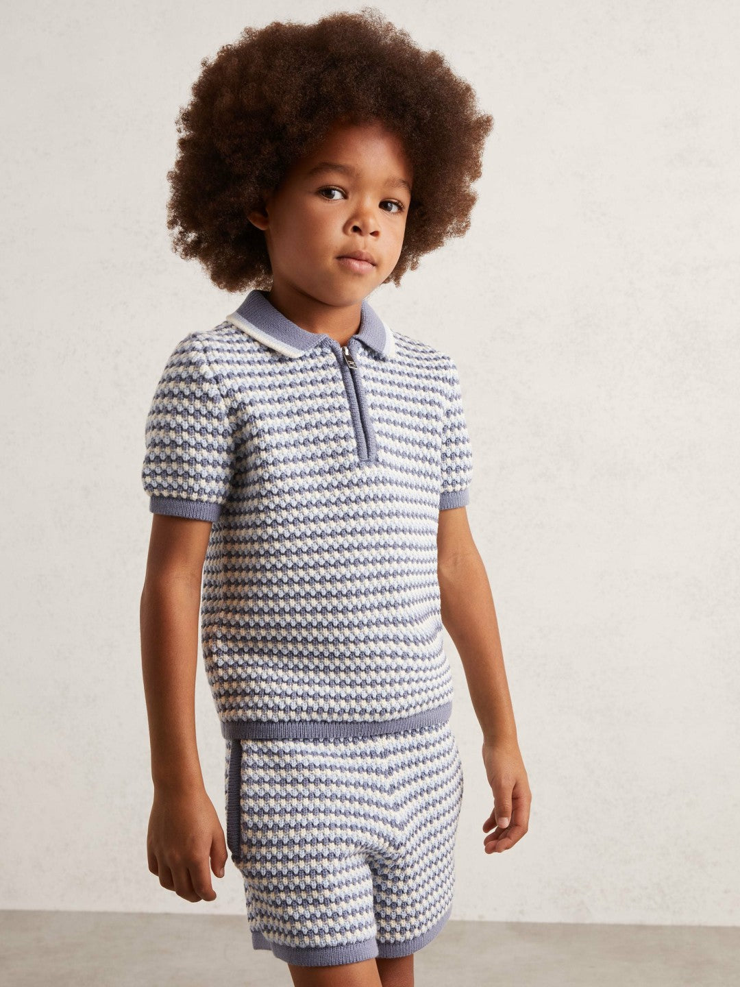 Reiss 3-9 yrs Knitted Stripe Half-Zip Polo Shirt in Blue/White