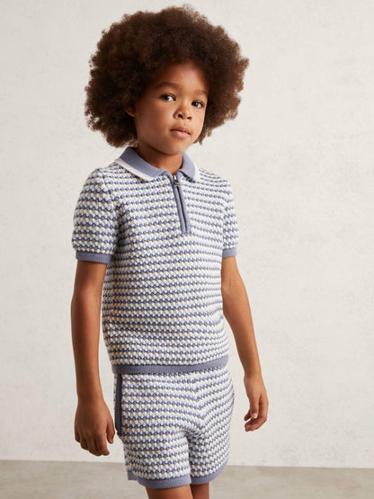 Reiss 3-9 yrs Knitted Stripe Half-Zip Polo Shirt in Blue/White