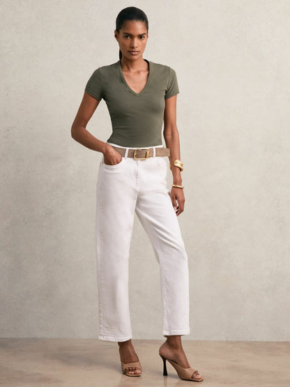 Reiss Stretch Cotton V-Neck T-Shirt in Khaki Green