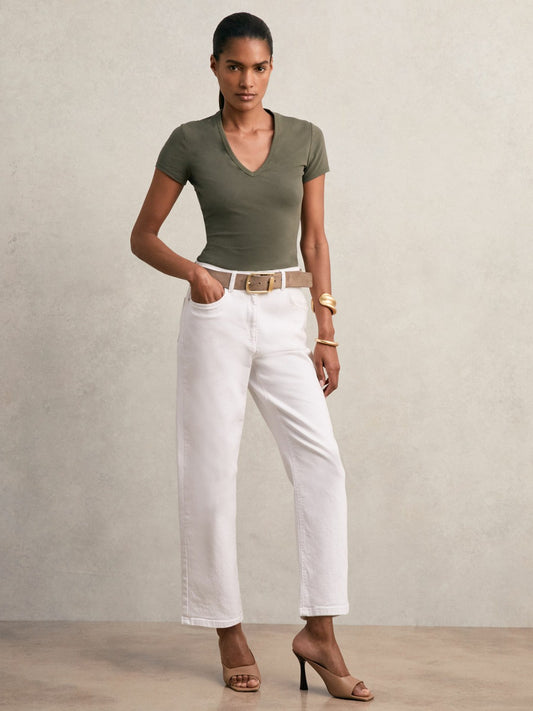 Reiss Stretch Cotton V-Neck T-Shirt in Khaki Green