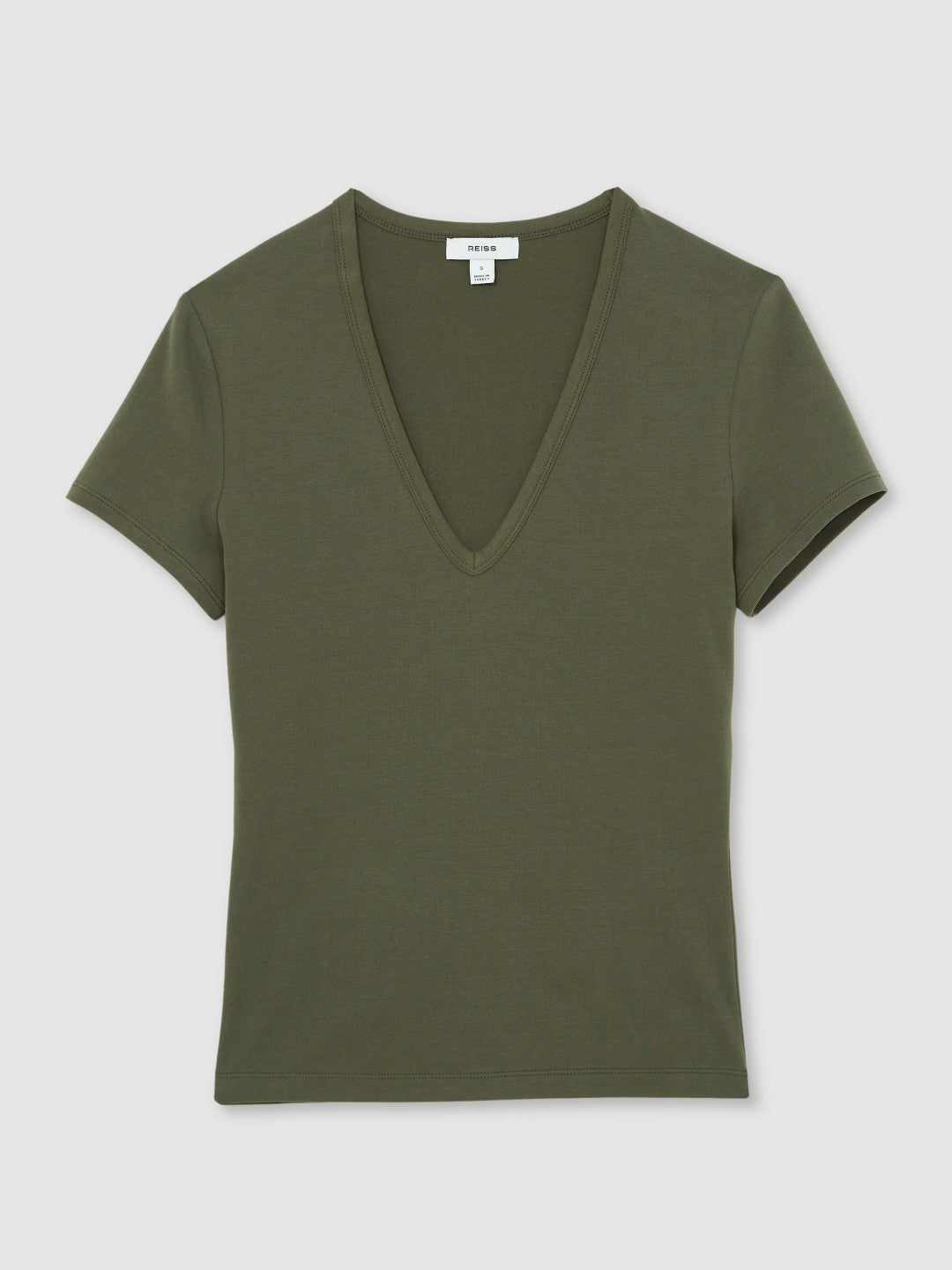 Reiss Stretch Cotton V-Neck T-Shirt in Khaki Green