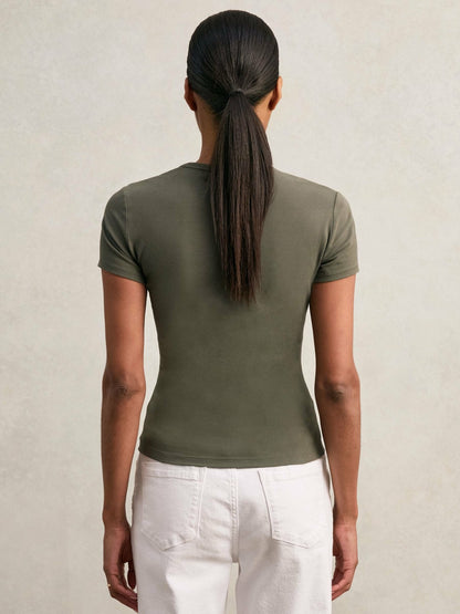 Reiss Stretch Cotton V-Neck T-Shirt in Khaki Green