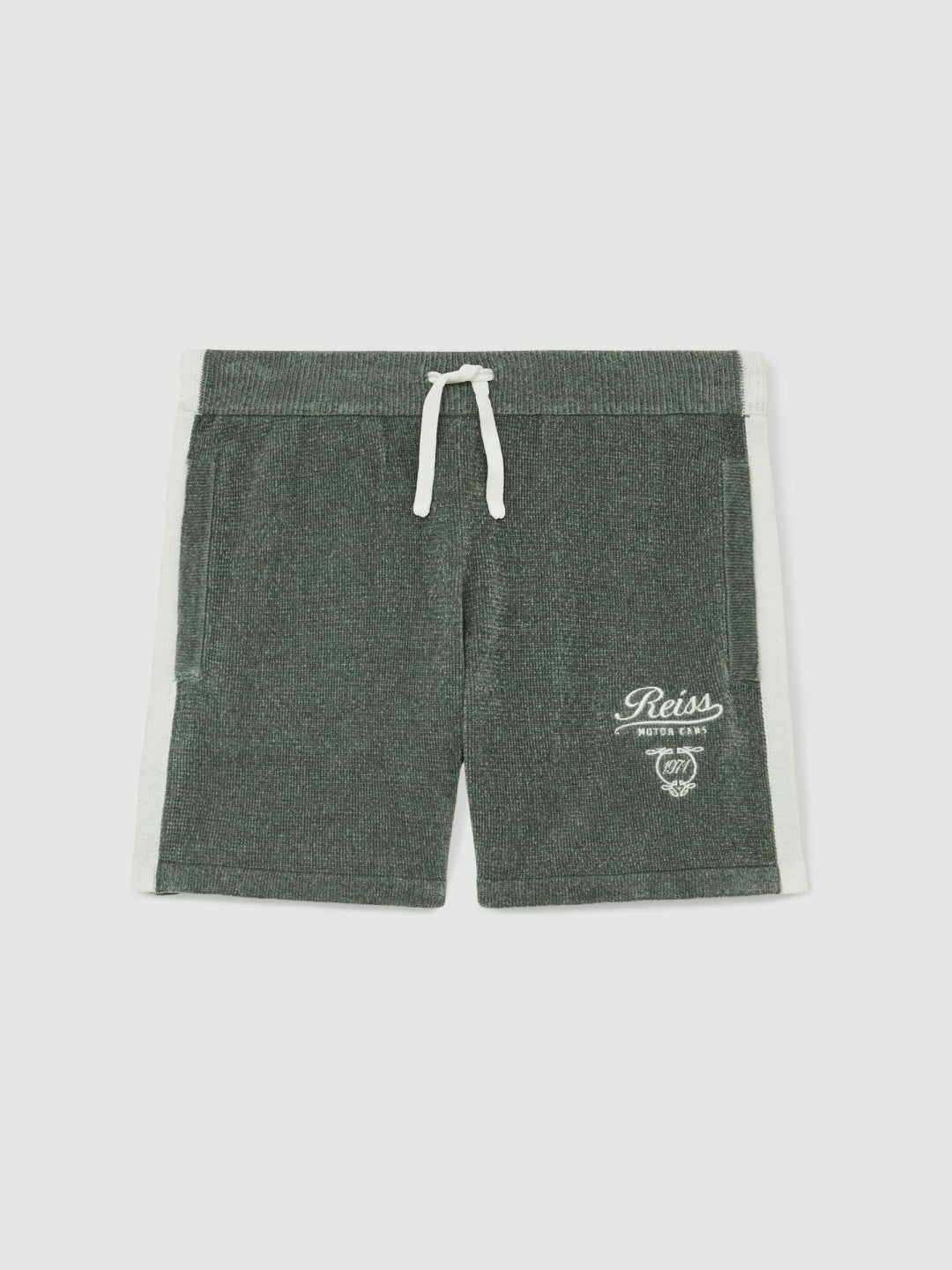 Reiss Popular Choice - 13-14 yrs Chenille Tipped Motor Cars Shorts in Dark Sage Green/White