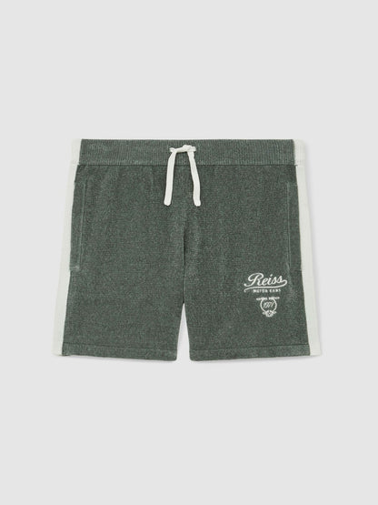 Reiss Popular Choice - 13-14 yrs Chenille Tipped Motor Cars Shorts in Dark Sage Green/White