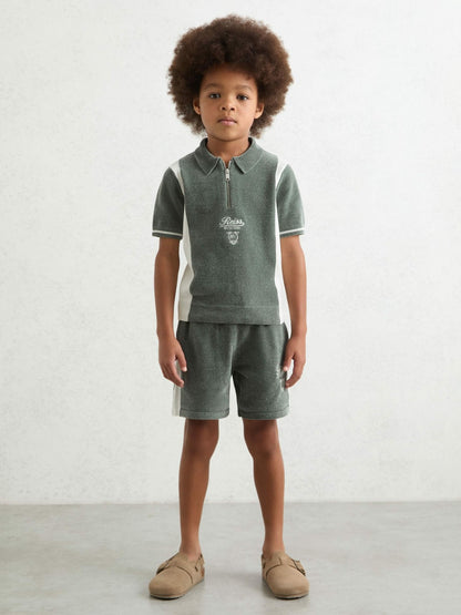 Reiss Popular Choice - 13-14 yrs Chenille Tipped Motor Cars Shorts in Dark Sage Green/White